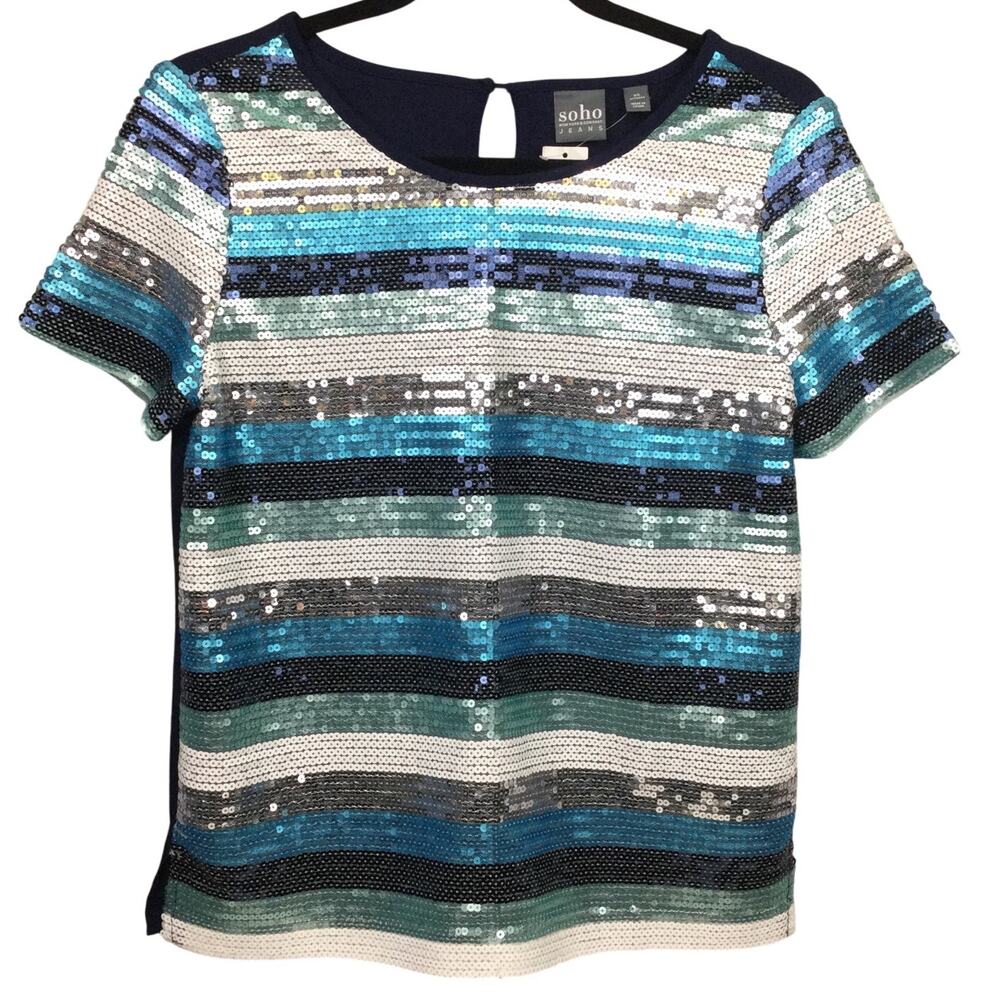 New York and Company Soho Jeans Striped Sequins Keyhole Back Short Sleeve Top XS